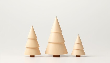 scandinavian christmas tree art of wood, three minimalistic objects, bright background, copy space