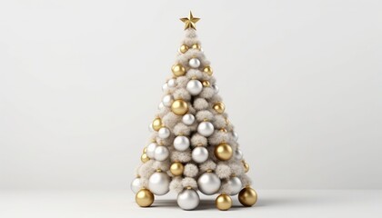 white deco Christmas tree decorated with white and golden Christmas baubles, white background, placed in the centre