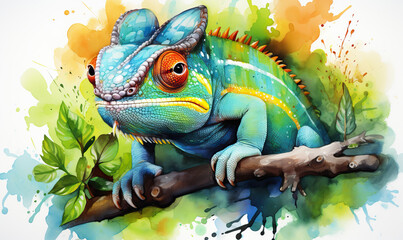 Watercolor, colorful chameleon on a white background.