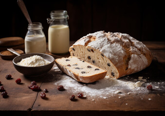 A fresh loaf of Irish Soda Bread sits center frame, its rough, flour-dusted crust and rich, dense crumb showcased in a homely, traditional setting