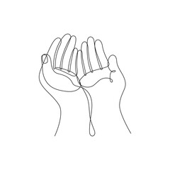 One Line Continuous Drawing of Raising Hands for Dua Pray. Islamic Traditional Prayer Gesture Line Art. Editable Stroke.