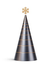 Fototapeta premium Gold and black Christmas tree in elongated abstract cone shape. New Year's decoration isolated on transparent background. 3D render