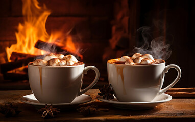 Fototapeta premium Two cups of hot coffee with cinnamon, against a background of lights, cold season, winter vibe and wellness