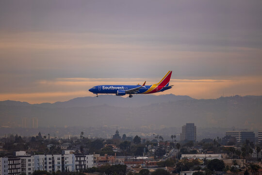Los Angeles, California, USA - January 13 , 2022: A Southwest Airlines commercial jet arriving at LAX.