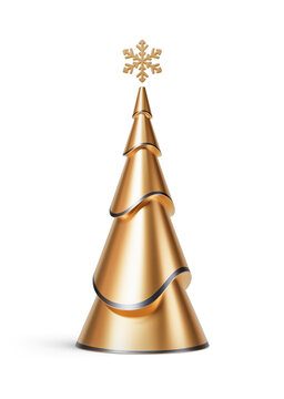 Gold and black Christmas tree in elongated abstract cone shape. New Year's decoration isolated on transparent background. 3D render