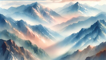 Ethereal watercolor mountains bathed in the soft light of dawn, with a harmonious blend of warm and cool tones creating a dreamy landscape. High quality illustration. - obrazy, fototapety, plakaty