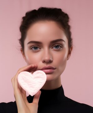 a beautiful model with hair pulled in the back, is holding a facial cleansing cotton pad shaped as a heart. Valentine concept. Generative AI