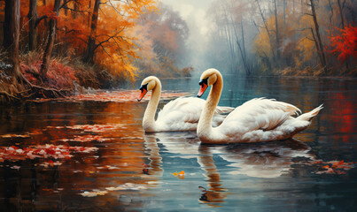 Swans on the lake in the autumn park. - obrazy, fototapety, plakaty