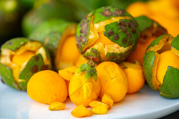 Typical ripe pequi fruit (caryocar brasiliense) in fine details and selective focus. Typical fruit from the Brazilian cerrado bioama.