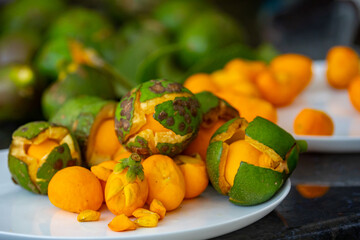 Typical ripe pequi fruit (caryocar brasiliense) in fine details and selective focus. Typical fruit from the Brazilian cerrado bioama.