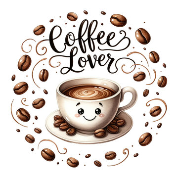 Smiling coffee cup surrounded by coffee beans, Coffee Lover script