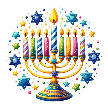 colorful menorah candles, stars, hanukkah celebration clip art preview
