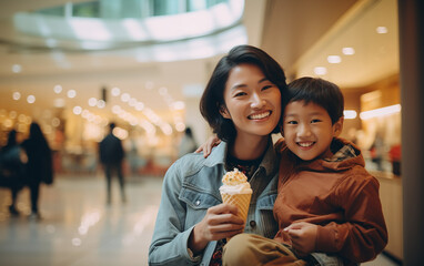 Asian mother with her son are eating ice cream in the mall - obrazy, fototapety, plakaty