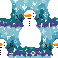 Cartoon winter ice seamless snowman and snowflakes pattern for Christmas packaging and new year