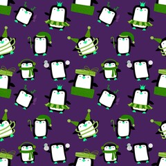 Cartoon penguin seamless Christmas animals pattern for wrapping paper and fabrics and linens and kids clothes