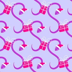 Christmas cartoon animals seamless snake and Santa hat pattern for new year wrapping paper and fabrics