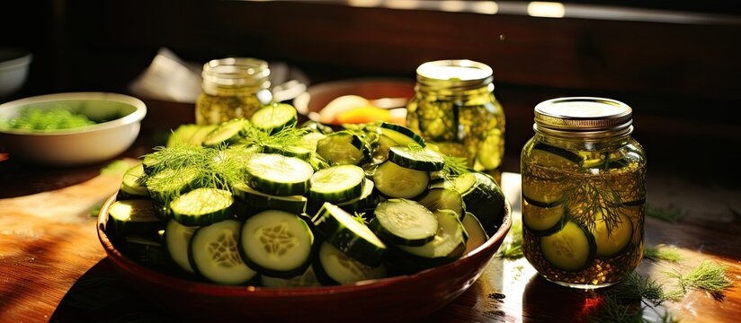 Farm-fresh cucumbers transformed into garlic pickles, immersed in vinegar.