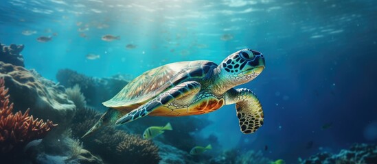 Blue underwater creature: green turtle.