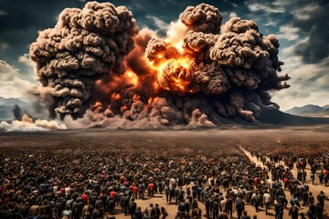 A mass explosion on earth that destroys all of humanity, scary, massive explosion, humans running away from - obrazy, fototapety, plakaty