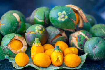 Typical ripe pequi fruit (caryocar brasiliense) in fine details and selective focus. Typical fruit from the Brazilian cerrado bioama.