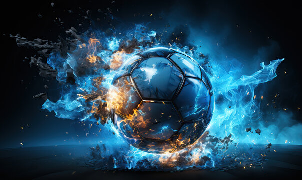 Fototapeta Burning soccer ball on a dark abstract background.
