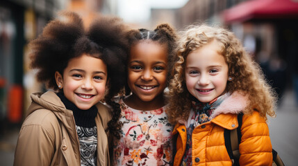 children of different nationalities study together at school, diversity, child, kid, schoolboy, education, kindergarten, friends, European, African American, girl, boy playing, smile, portrait - obrazy, fototapety, plakaty