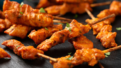 Grilled chicken fillet on skewers with white sauce on rustic stone board