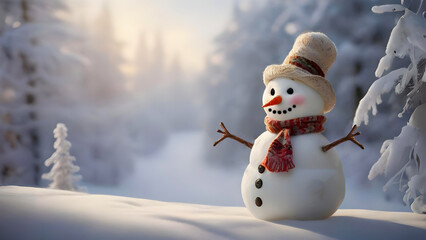 Obraz premium snowman in a hat and scarf on snow and standing in a winter snowy forest. Copy Space Merry Christmas background
