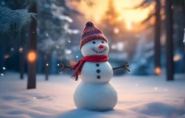 snowman wearing a red hat and scarf on snow and sunny winter snowy forest. Merry Christmas background