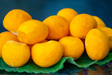 Typical ripe pequi fruit (caryocar brasiliense) in fine details and selective focus. Typical fruit from the Brazilian cerrado bioama.