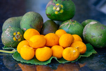 Typical ripe pequi fruit (caryocar brasiliense) in fine details and selective focus. Typical fruit from the Brazilian cerrado bioama.