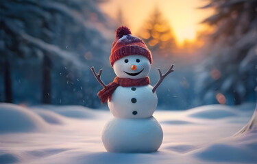 snowman wearing a red hat and scarf on snow and sunny winter snowy forest. Merry Christmas background