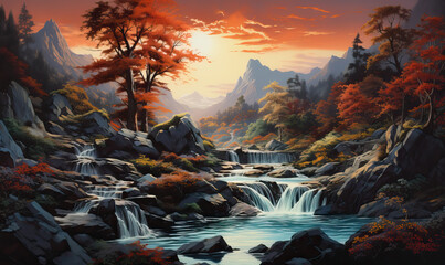 Watercolor, cascading landscape with a waterfall in the forest. - obrazy, fototapety, plakaty