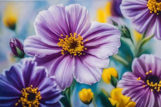 a flower painting with colorful flowers, in the style of light purple and yellow, gongbi, realistic oil paintings, pictorial