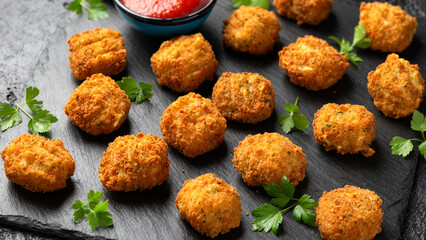 Potato croquettes with ham and cheese on stone board