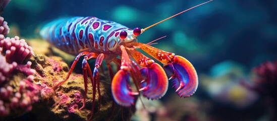 Colorful reef with a red mantis shrimp, macro underwater photo of marine life.