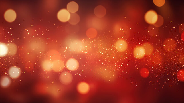 New year, Christmas background with gold stars and sparkling. Abstract background with red and gold particle. Christmas Golden light shine particles bokeh on red background