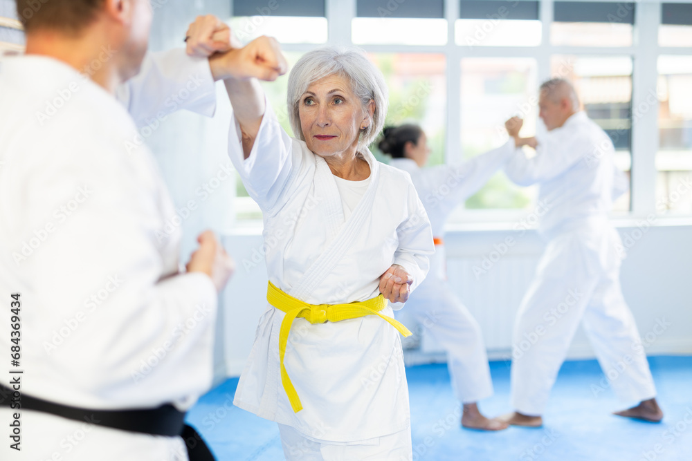 Wall mural Elderly women and men in pairs exercising karate movements during group training