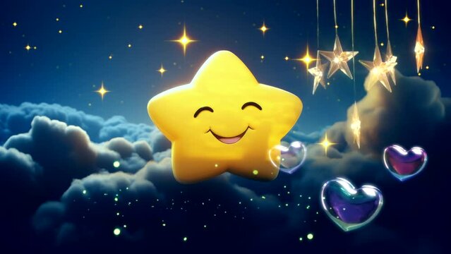 Lullaby For Babies video template looping cute baby yellow star sleep on cloud, relax and nice dream on night 4k quality
