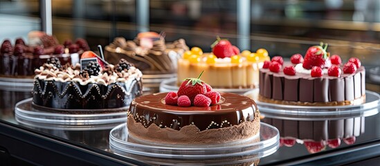 Fototapeta premium Assorted cakes with icing in bakery cabinet. Chocolate and cherry tart on display at culinary center.