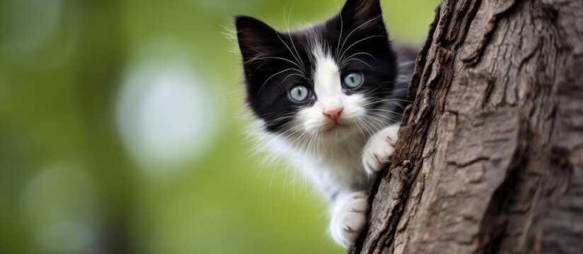 Black and white kitten climbed a tree.