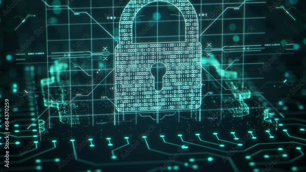Poster security hologram virtual hud pin with shield and lock. concept of finance data privacy and smartpho