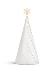 Gold and white Christmas tree in elongated abstract cone shape. New Year's decoration isolated on transparent background. 3D render