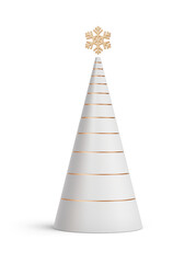 Fototapeta premium Gold and white Christmas tree in elongated abstract cone shape. New Year's decoration isolated on transparent background. 3D render
