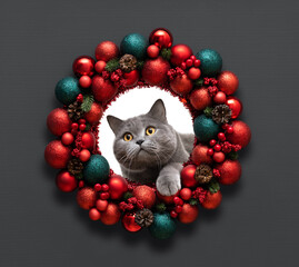 British cat looks through Christmas wreath of red and green baubles on gray background. Concept of New Year and Merry Christmas.