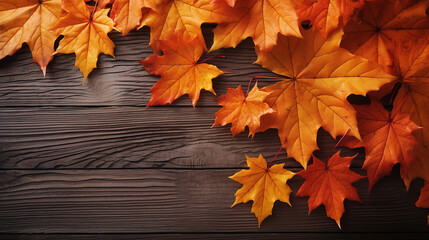 Naklejka na ściany i meble Wet orange maple leaves on the wooden background. Abstract autumn background from the fallen maple leaves. Golden autumn