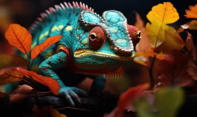 Zelfklevend Fotobehang A colorful chameleon sits on a tree branch. © Andreas