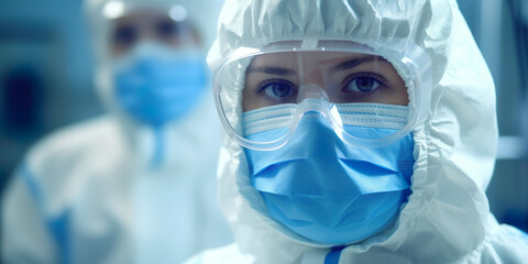Researcher, with protective equipment, mask and protective glasses