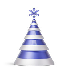 Blue and silver Christmas tree in abstract cone shape. New Year's decoration isolated on transparent background. 3D render