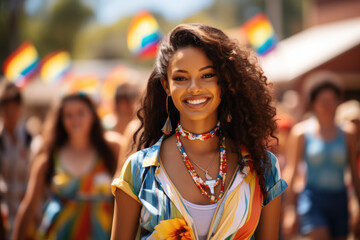 A vibrant parade with floats and colorful costumes in a regional Australia Day celebration. Concept of community pride and pageantry. Generative Ai.